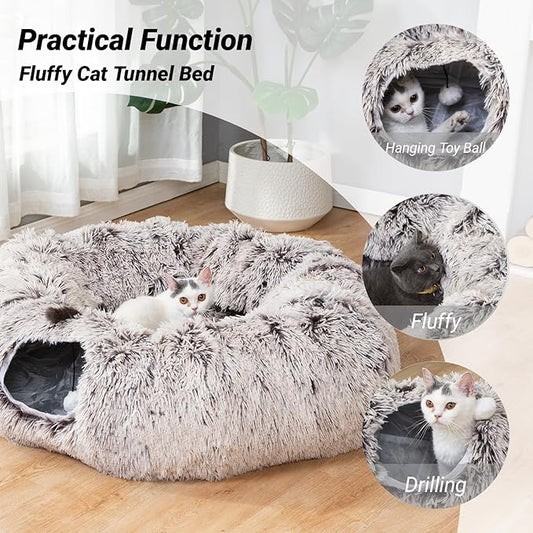 LUCKITTY Warm Fluffy Plush Cat Dog Tunnel Bed with Washable Cushion-Big Tube Playground Toys 3 FT Diameter Longer Crinkle Collapsible 3 Way, for Indoor Cat Kitty Kitten Puppy Rabbit Ferret Brown