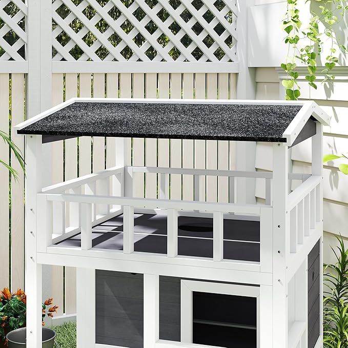 PawHut Wooden Outdoor Cat House, Feral Cat Shelter Kitten Condo with Asphalt Roof, Escape Doors, Condo, Jumping Platform, Gray