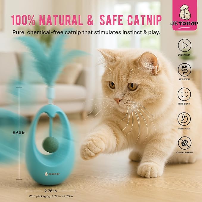 Cat Feather Toy - Interactive Self-Righting Wobble Tumbler with Catnip Ball for Indoor Cat Exercise and Entertainment - Silent Battery-Free - Perfect for Busy Owners (Pink)