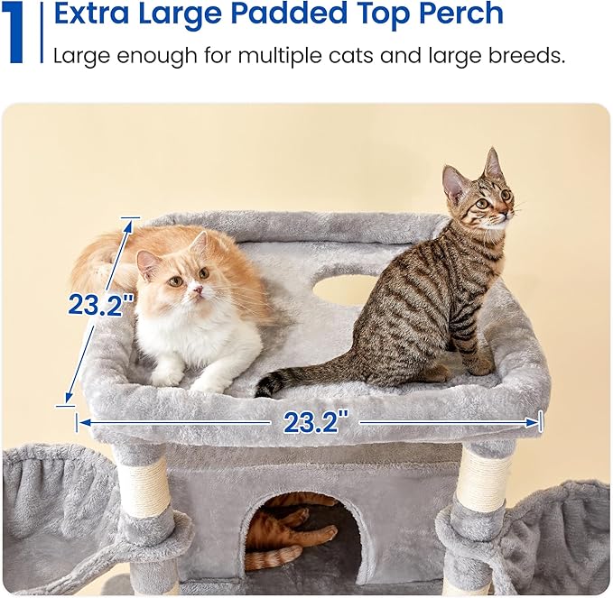 MWPO Extra Large Cat Tree, 77.6-Inch Tall Cat Tower for Indoor Cats with 2 Condos, Multi-Level Cat Stand for Large Cats, 3 Hammocks, Wide Perch, Scratching Posts, Dangling Toys, Light Grey