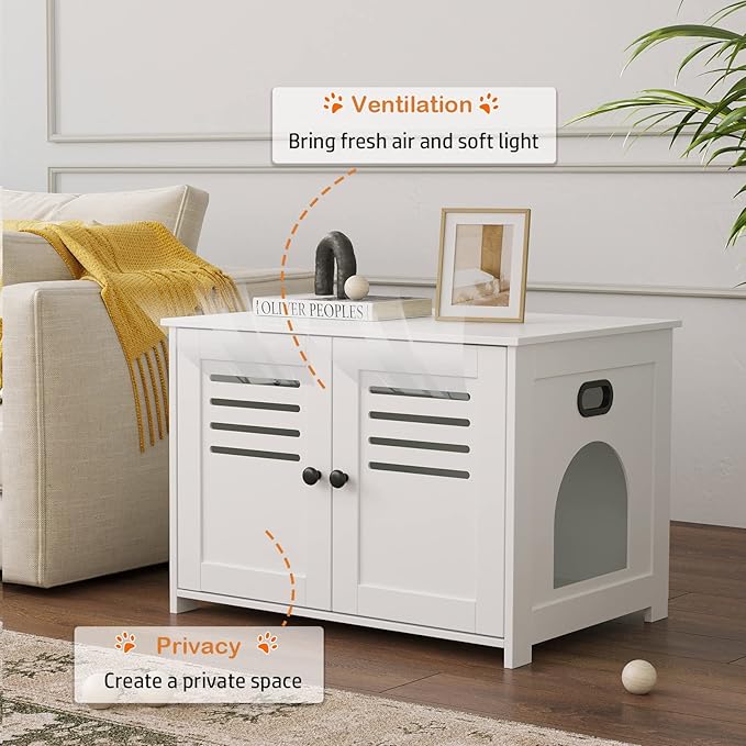 DINZI LVJ Litter Box Enclosure, Cat Litter House with Louvered Doors, Entrance Can Be on Left or Right, Large Hidden Cat Washroom for Most of Litter Box, Furniture Cabinet, White