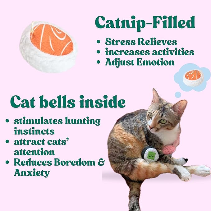 5 Pack Sushi Cat Toys, Interactive Catnip with Bells Inside Kitten Boredom Relief, Soft and Durable, Indoor Kitty Exercise Pet Toys