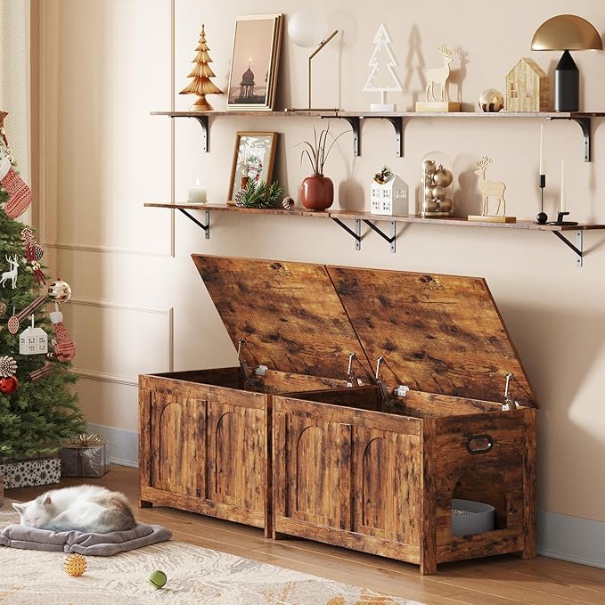 DINZI LVJ Cat Litter Box Enclosure, Flip Top Litter Box Furniture, Farmhouse Hidden Cat Washroom, Wooden Pet House, End Side Table, 31.5"L x 19.7"W x 19.7"H, Sturdy and Easy to Assemble, Rustic Brown