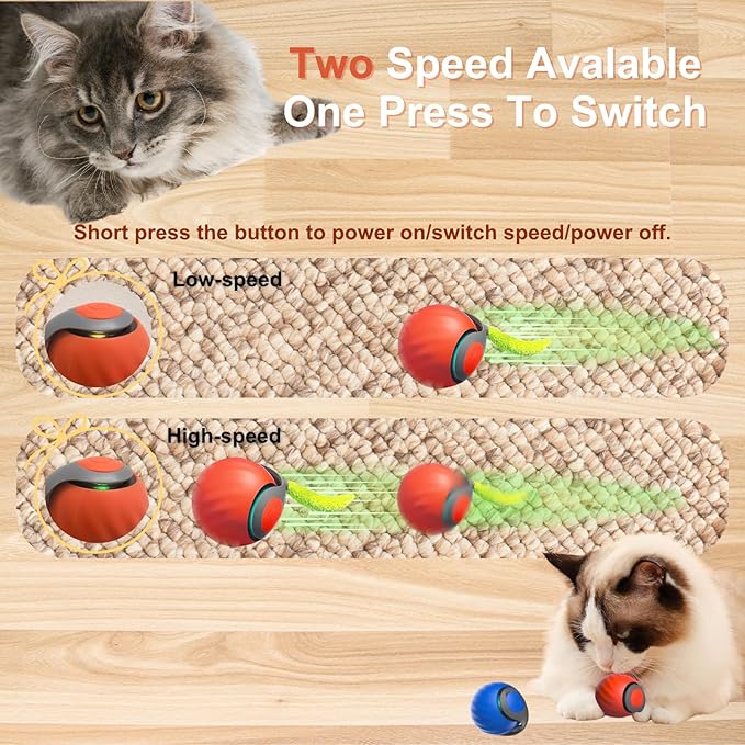 Interactive Cat Ball for Indoor Cats - Dual-Speed Automatic Rolling Ball Toy with 90Min Run Time, Plush + Feather Tails, Energetic Cat Chase Exercise, Blue/Orange