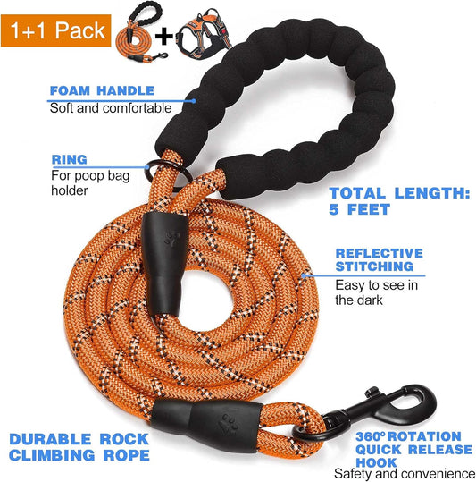 No Pull Dog Harness Adjustable Reflective Oxford Easy Control Medium Large Dog Harness with A Free Heavy Duty 5ft Dog Leash (L (Chest: 25.5"-31"), Orange Harness+Leash)