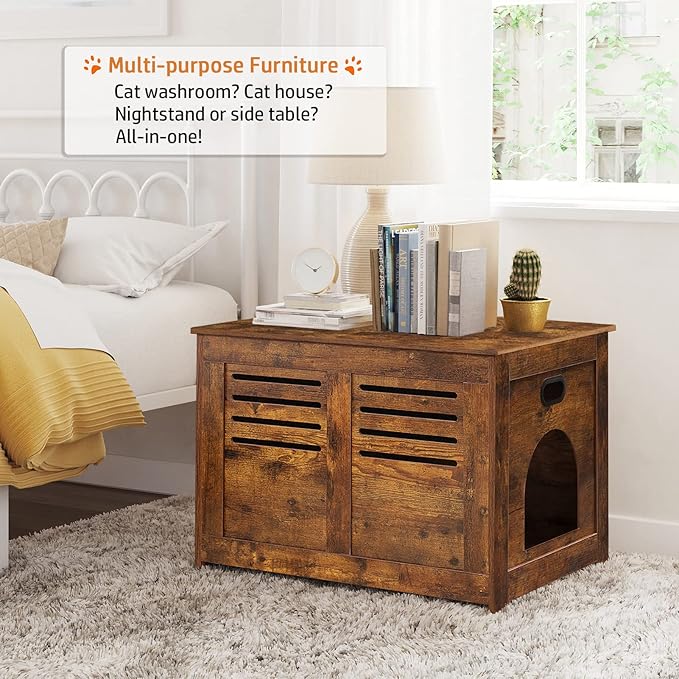 DINZI LVJ Litter Box Enclosure, Flip Top Litter Box Furniture with Good Ventilation, Hidden Cat Washroom, 27.6" L x 19.7" W x 19.7" H, Entrance Can Be on Left or Right, Wooden Cat House, Rustic Brown