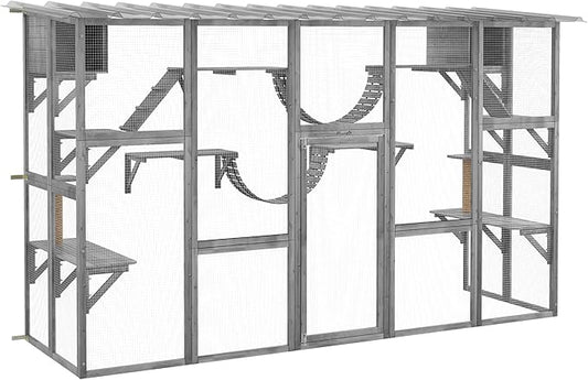 PawHut Catio Outdoor Cat Enclosure Window, Outdoor Cat House with Weather Protection Roof for Multiple Kitties, Wooden Frame, Shelves & Bridges, 118" x 37.5" x 74", Gray