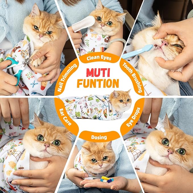 Professional Cat Grooming Wrap - Adjustable Restraint Blanket for Nail Clipping & Vet Visits, Escape-Proof Cat Wrapping Bag with Safety Straps, Large (27.6"x27.6") for Cats Up to 15lbs