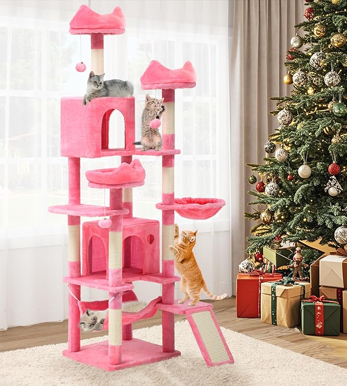 YITAHOME Tall Cat Tree for Indoor Cats, 75 inch Multi-Level Cat Tower with Cat Condos, Top Perches, Sisal Ramp Scratching Posts, Cozy Basket, Hammocks, Large Cat Pet Activity Structure,Pink