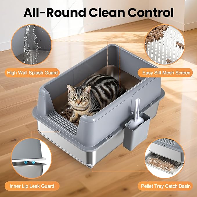 23.6''x15.6''x12'' Stainless Steel Sifting Litter Box with Sifter, Pine Pellet Litter Box with Lid for Big Cats, Built-in Sifter, No Waste Bag Needed, Easy to Clean & Durable (Grey)