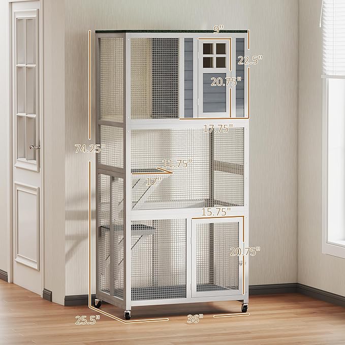 PawHut 74" Wooden Catio Outdoor Cat Enclosure Weatherproof & Wheeled, Outside Cat House with High Weight Capacity, Kitten Cage Condo, White
