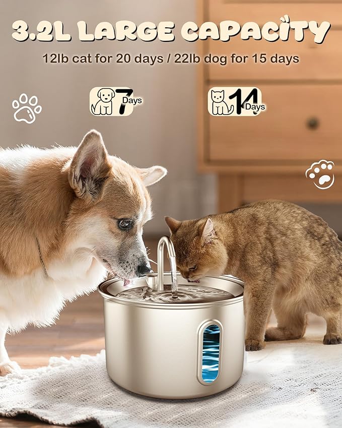 Stainless Steel Cat Water Fountain, 3.2L/108oz Quiet Automatic Cat Water Dispenser, Indoor Pet Spout, Dog Drinking Bowl with 1x Filter & 1x Sponge for Cats/Dogs/Multiple Pets - Silver