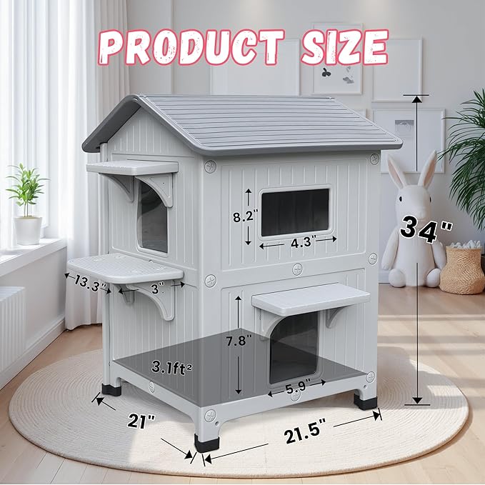 100% Insulated Outdoor Cat Houses for Winter, Waterproof 2 Story Outdoor Cat House with Insulated Liner, Outside Feral Cat Shelter for Outdoor Cats, Easy to Clean-Grey