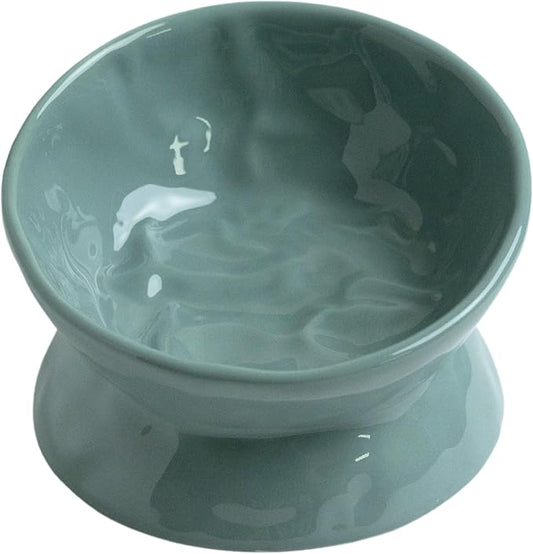 Ceramic Raised Cat Bowl, Elevated Pet Food Bowl for Small Dog, Cute Cat Dish Tilted, Whisker Fatigue, Wrinkle Texture,Teal, Blue (Tilted)