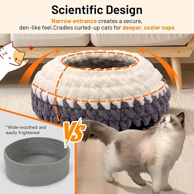 Cat Nest Bed Handwoven Washable Extra Soft Round Cave House Furniture for Indoor Kitten Cloud Black, White&Gray