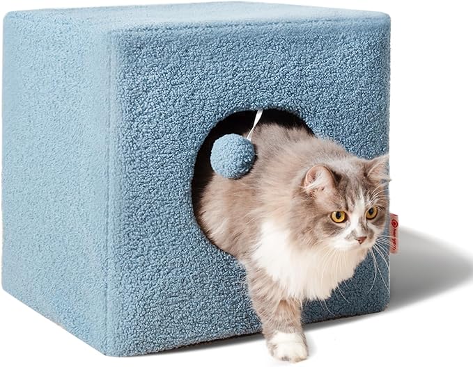 Cat House for Indoor Cats, Fluffy Large Cube Cat Cave Bed, Perfect Hideaway for Multiple Cats & Small Pets, Detachable Sherpa Cover 16 Inches