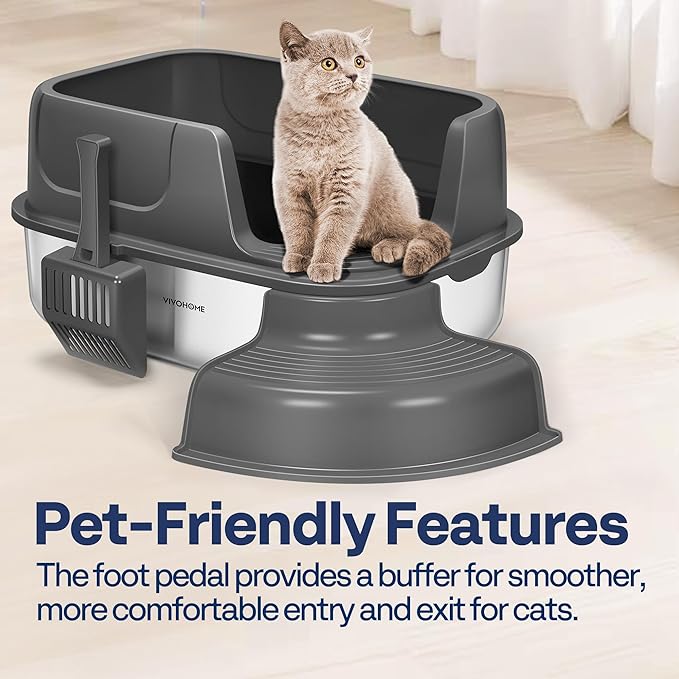 VIVOHOME XL Stainless Steel Cat Litter Box with Cover and Steps, 23'' x 17'' x 12'' Large Metal Litter Box for Cats with Scoop, Easy to Clean, Non-Slip, Ideal for Big or Multiple Cats, Dark Gray