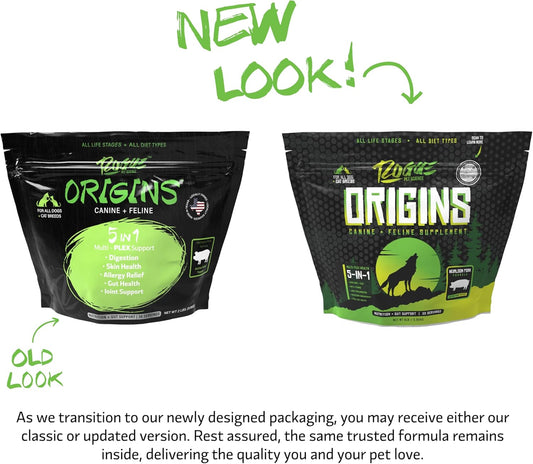 Origins 5-in-1 Dog Supplement - Powdered Food Topper w/Natural Heirloom Pork Protein- Supports Healthy Digestion, Skin, and Coat - Helps Reduce Itching & Joint Inflammation (2 lbs)