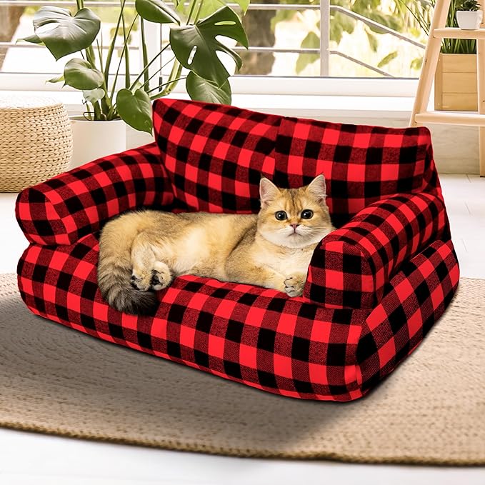 Cat Couch Bed - Cat Bed for Indoor Cats, Calming Pet Sofa Puppy Sleeping Bed with Removable Washable Cover, Cute Dog Couch and Kitty Lounge Chair for 18lbs Cats & Small Dogs(Red & Black)