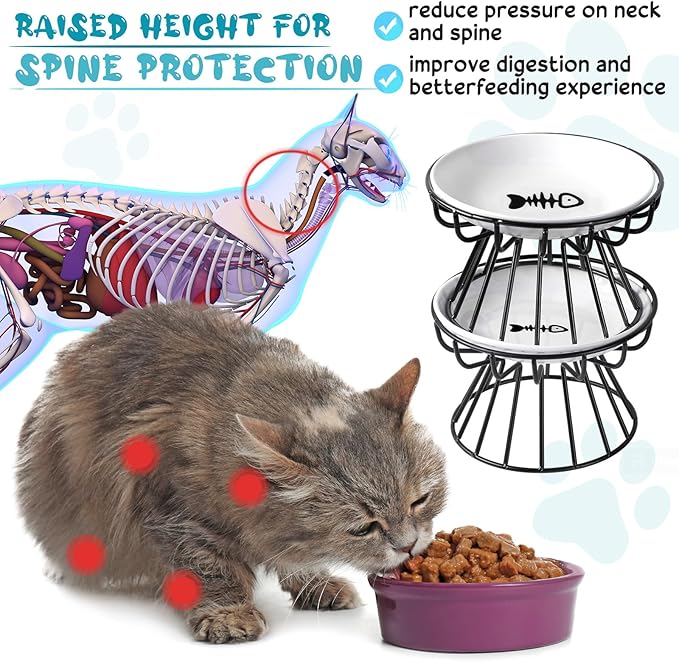 Roshtia 4 Sets Elevated Cat Bowls Ceramic Raised Cat Food Bowls with Metal Stand Dishwasher Safe Dishes Non Slip Elevated Food Plate(Black,Fishbone)