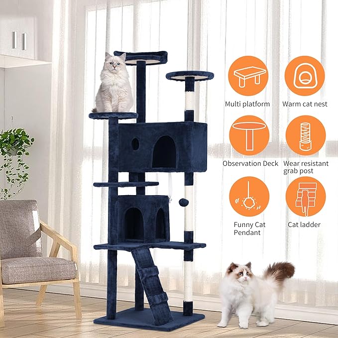 BestPet 70in Cat Tree Tower for Indoor Cats,Multi-Level Cat Furniture Activity Center with Cat Scratching Posts Stand House Cat Condo with Funny Toys for Kittens Pet Play House,Navy Blue