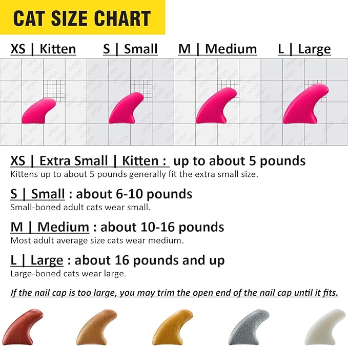 zetpo 100 pcs Cat Nail Caps | Cat Claw Covers | with Adhesives and Applicators (L, Metal Red, Bronze, Gold, Silver, Pearl White)