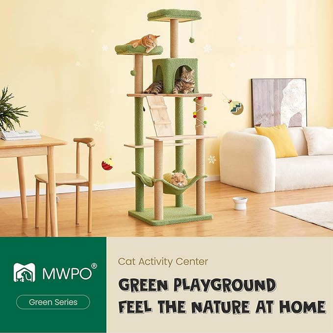 MWPO Green Modern Cat Tree, 70.1-Inch Large Wood Cat Tower for Indoor Cats, Multi-Level Tall Cat Condo with 2 Padded Perches, Hammock, Scratching Posts, Dangling Toys for Large Adult Cat