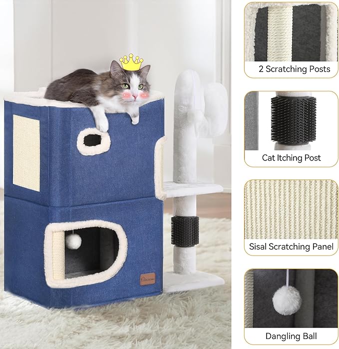 YITAHOME 2 Storey Cat House, Cat Beds for Indoor Cats, Small Cat Condo with Highway Cave, Scratch & Itching Post, Clmibing Stand, Modern Cat Cube Playhouse for Multi Kittens, Blue