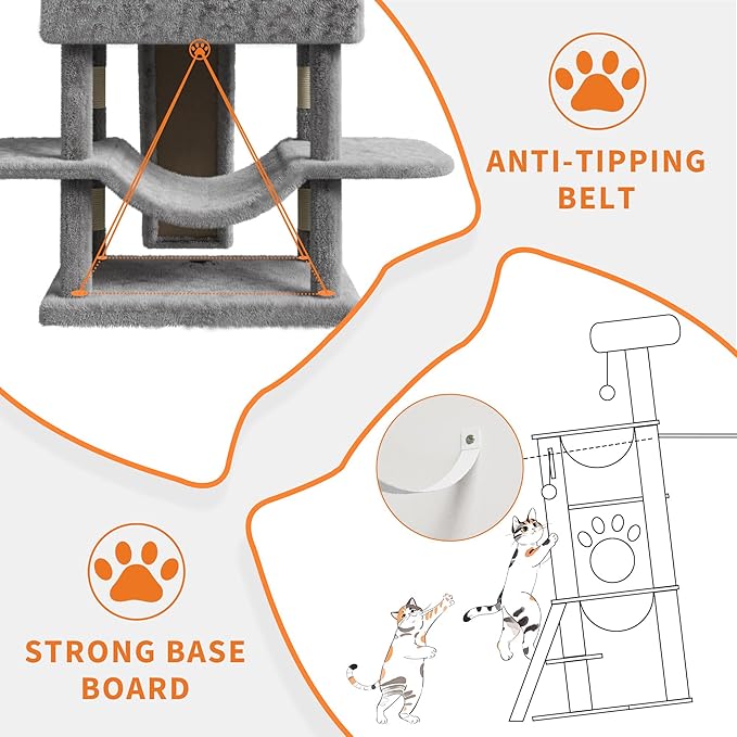 68.5 Inch Multi-Level Cat Tree, Plush Cat Tower with Condo/Sisal Scratching Posts/Hammocks/Basket/Dangling Ball/Platform, Heavy Duty Cats Tree to Play and Sleep, 2601#Light Grey