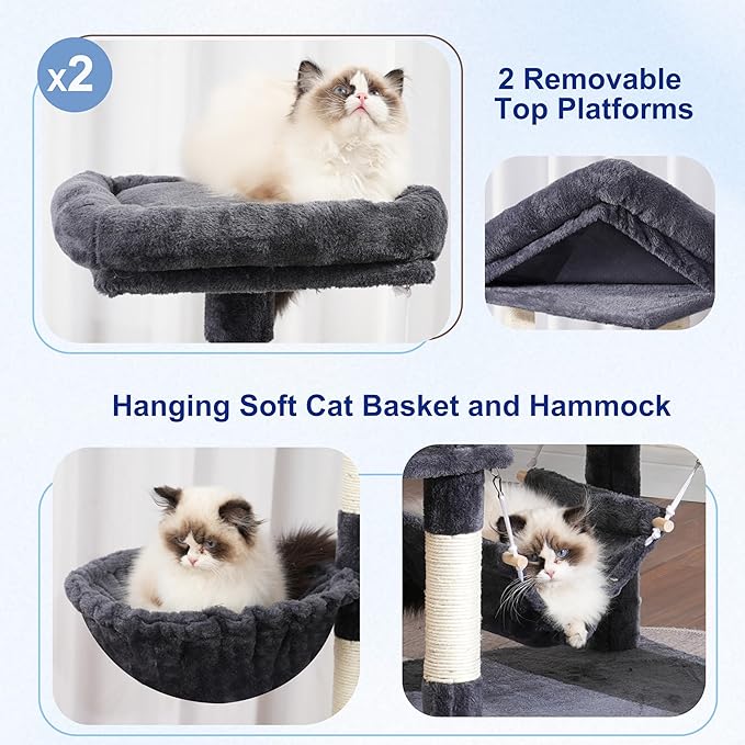Cat Tree for Indoor Cats, 71'' (180cm) Multi-Level Cat Tower for Large Adult, Sturdy Cat Tree House with 2 Scratching Boards 7 Posts, 2 Plush Perches/Condos, Hammock, Smoky Gray GCT032G