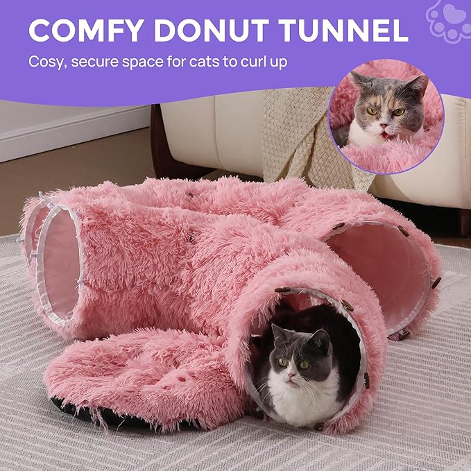Plush Cat Tunnel Bed for Indoor Cats with Soft Cushion, Multi-Shape Play Cave with Hanging Balls, Large and Foldable Cat Donut Tunnel for Small and Large Pets (Pink)