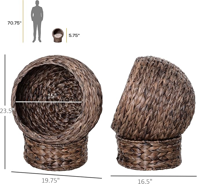 PawHut Handwoven Elevated Cat Bed with Soft Cushion & Egg Chair Shape, Basket Kitty House with Stand, Raised Wicker Cat Bed for Indoor Cats, 23.5" H, Gray