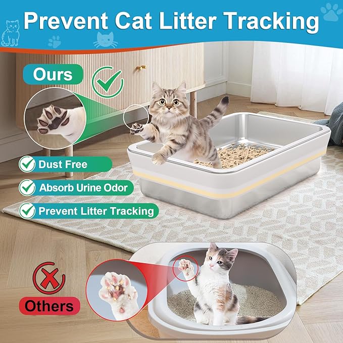XL Stainless Steel Sifting Litter Box for Big Cats,Metal Sifting Cat Litter Box for Wood Pine Pellets,Extra Large Sifter Litter Pan System,Odor Control,Easy to Clean,with Liners and Metal Scoop