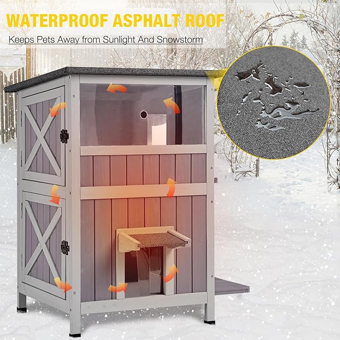 Aivituvin Outdoor Cat House，2-Levels Feral Cat Shelter Insulated for Winter，Large Size Cat Enclosure for Multiple Cats