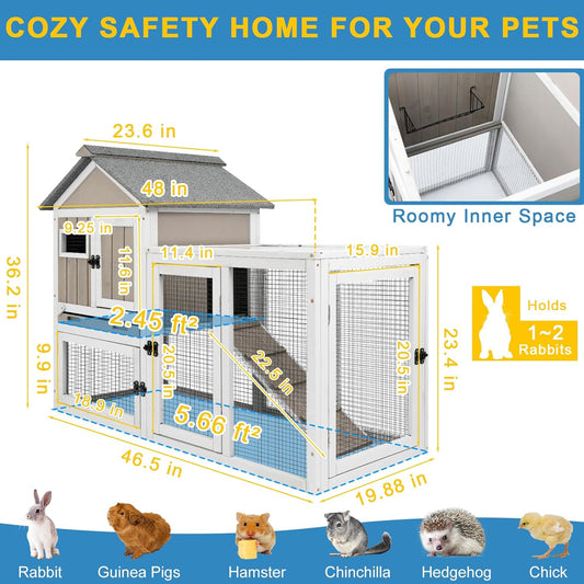 48" L Rabbit Hutch Outdoor Indoor Bunny Hutch Weatherproof, 2-Story Wood Rabbit Cage with Deep Tray, Chew-Resistant Ramp, UV Roof, Bunny House for Small Animal, Expandable Guinea Pig Cage