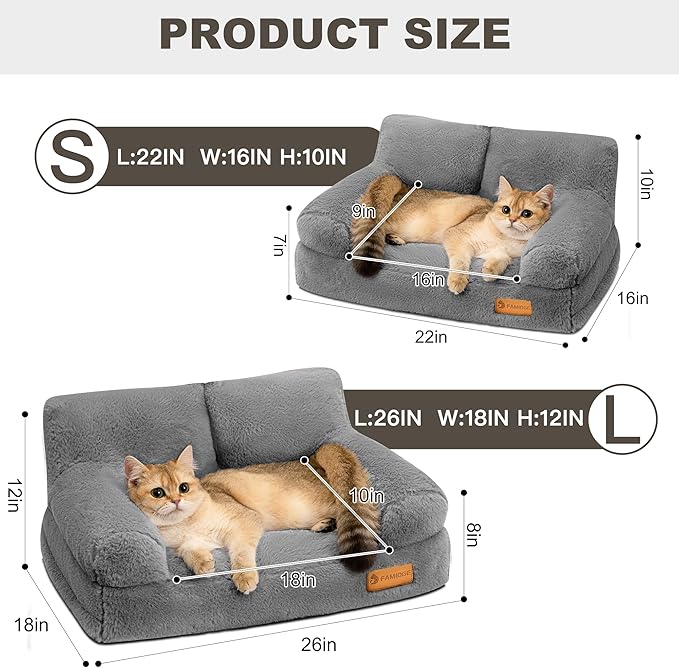 Cat Couch Bed - Cat Bed for Indoor Cats, Calming Pet Sofa Puppy Sleeping Bed with Removable Washable Cover, Cute Dog Couch and Kitty Lounge Chair for 20lbs Cats & Small Dogs(Light Grey)