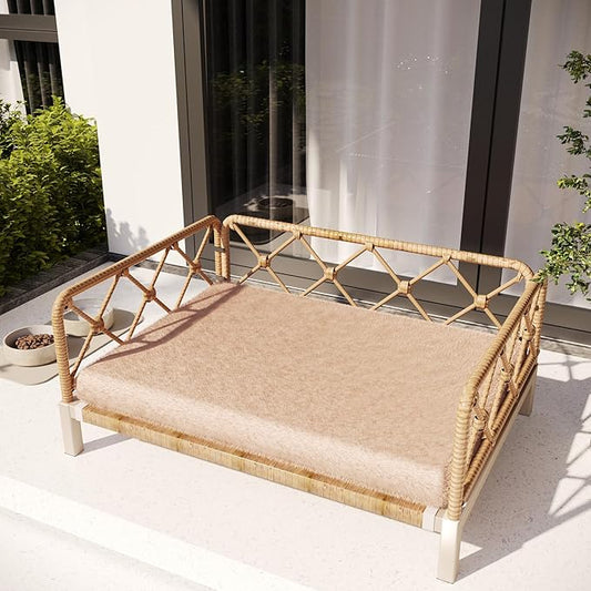 Outdoor Wicker Dog Bed Indoor Rattan Dogs Sofa with Soft Cushion, Dog Couch & Furniture, Pet Bed with Crate Pad(Brown Wicker and Cushion, Large and Medium)