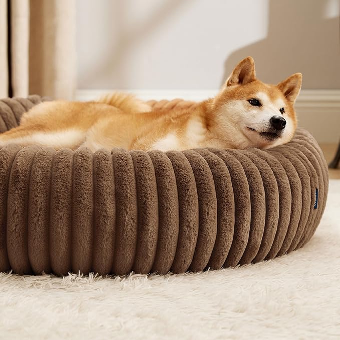 Bedsure Donut Large Dog Bed - Washable Faux Fur with Corduroy Fleece & Anti Slip Bottom, Round Pet Bed with Removable Cover, Copper Brown, 36x36x10 inches