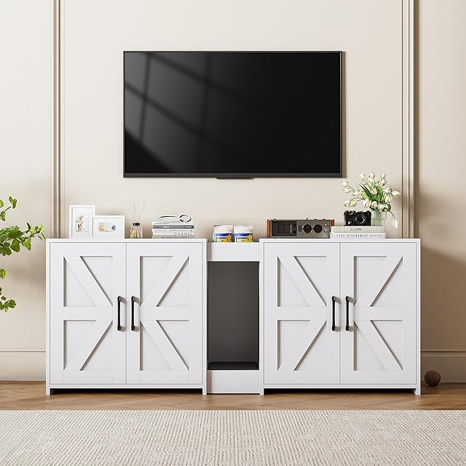 Litter Box Enclosure for 2 Cats, Hidden Litter Box Furniture with Double Rooms, Cat Bed, PVC Pad and Scratch Pad, White