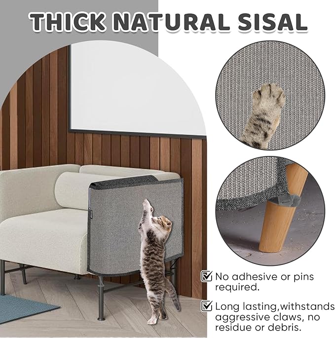 NATUYA Cat Scratch Couch Protector, Sisal Furniture Protector Cats Scratching Pad, Anti-Cat Scratch Sofa Armrest Couch Protective Shield with Pocket (Gray, Fit Left or Right)