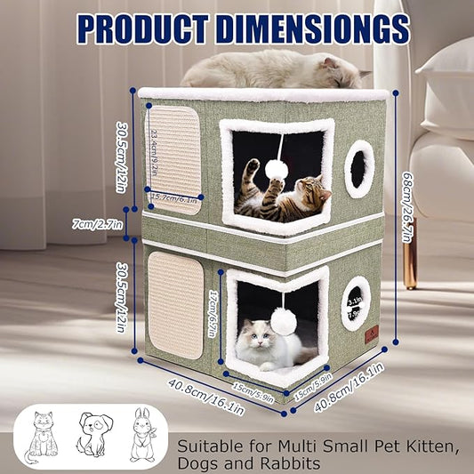 2-Story Cat House for Indoor Cats, Dual-Purpose Cave Bed with Scratch Pad and Fluffy Ball, Foldable Cat Hideaway, Cute Condo Furniture for Multi Small Pet Kitten, Green
