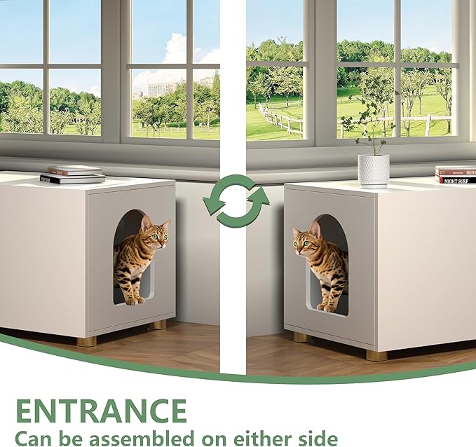 Small Litter Box Enclosure, Sleek Modern Cat Litter Box Cabinet Furniture, Wooden Cat House, End Table (White)