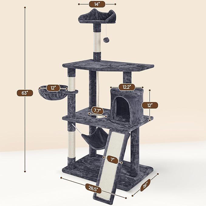 Yaheetech 63.5in Multi-Level Cat Tree Tower Condo with Scratching Posts, Platform & Hammock, Cat Activity Center Play Furniture for Kittens, Cats, and Pets
