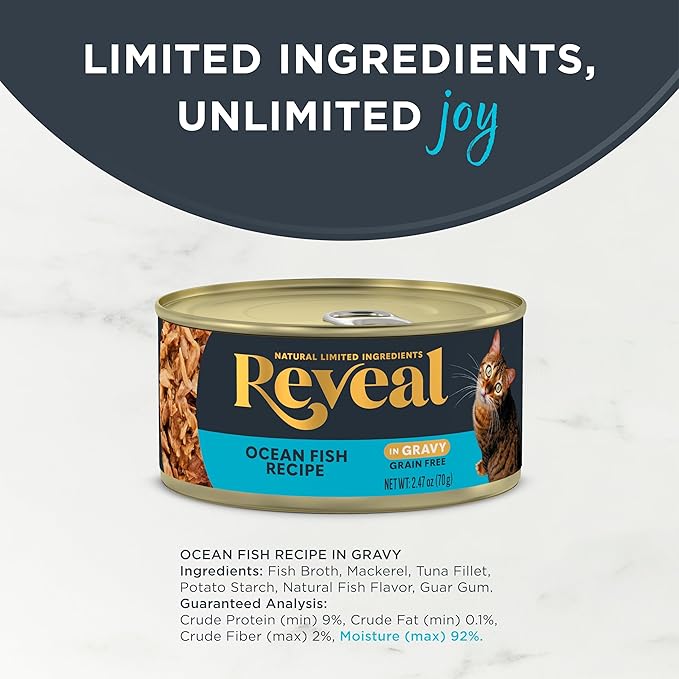 Reveal Natural Wet Cat Food, 24 Count, Grain Free, Limited Ingredient Canned Food for Cats, Ocean Fish in Gravy, 2.47 oz Cans