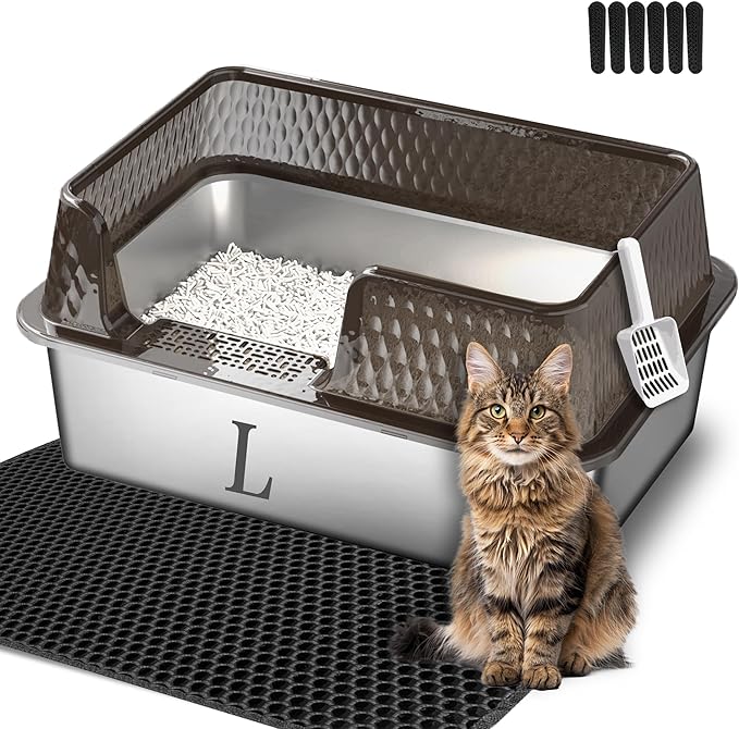 Suhaco Stainless Steel Litter Box Side Entry, Kitty Black Litter Mat and White Scoop Included Covered Metal High Sided Large Cat Litter Box with Lid Removable Enclosure for Medium Cats (Black)