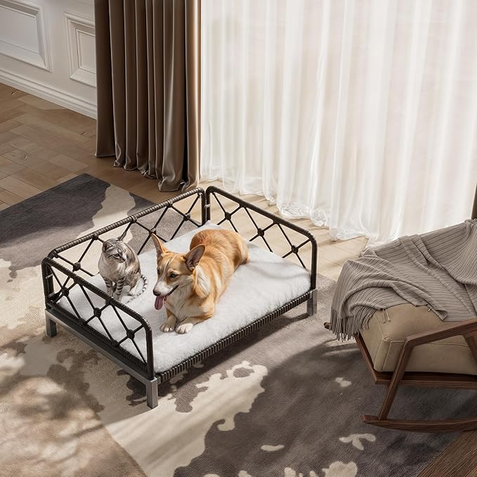 Dog Bed with Cushion, Cooling Elevated Raised Beds with Rattan Breathable Mesh and Universal Mat, Indoor & Outdoor Pet Cots for Small Dog, Black