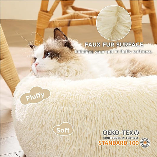Bedsure Calming Cat Beds for Indoor Cats - Small Cat Bed Washable 20 inches, Anti-Slip Round Fluffy Plush Faux Fur Pet Bed, Fits up to 15 lbs Pets, Cream