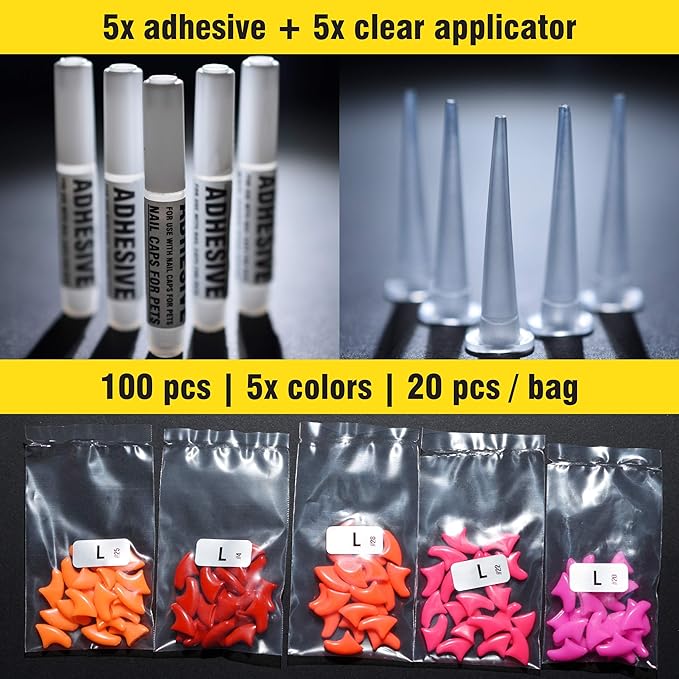 zetpo 100 pcs Cat Nail Caps | Cat Claw Covers | with Adhesives and Applicators (L, Orange, Red, Neon Red, Bright Pink, Rose)