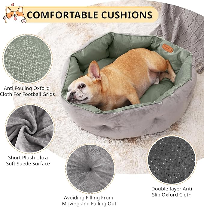 Dual-Sided Dog Beds for Medium & Small Dogs - Round Cat Beds for Indoor Cats, Washable Pet Bed for Puppy and Kitten with Slip-Resistant Bottom (Grey, 25" L x 25" W x 8" Th)