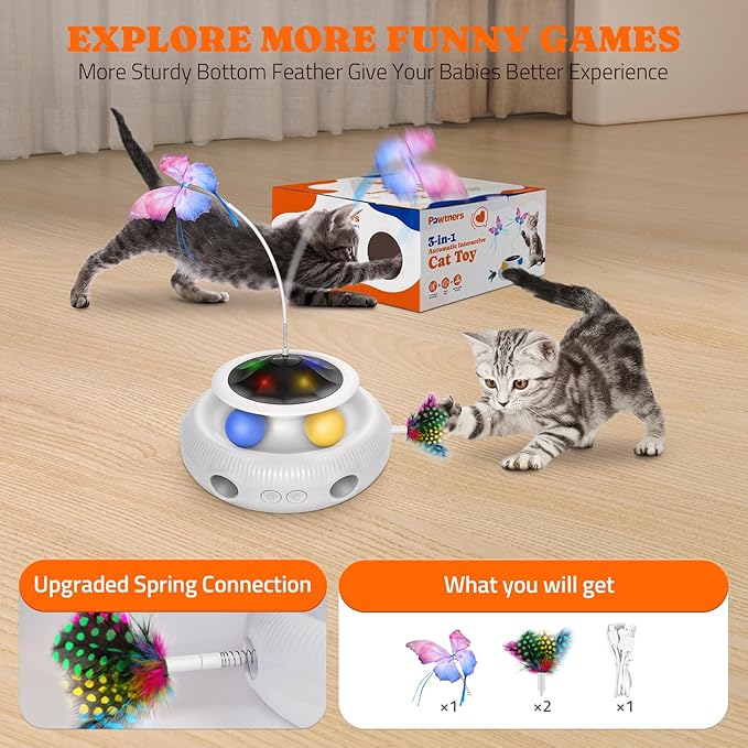 Interactive Cat Toys: 3 in 1 Automatic Cat Toy for Indoor Cats, Electric Kitten Toy with USB Rechargeable, Self Play Kitty Toys with Spinner Fluttering Butterfly, Track Ball and 2 Ambush Feathers